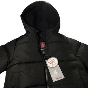 New Swiss Tech Puffer Jacket Black Hooded‎ Pockets Tags Boys X Small Four Five
